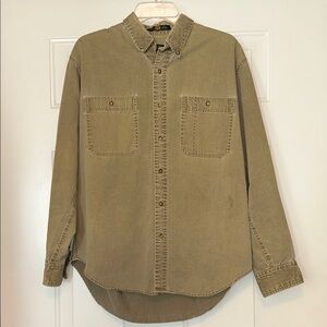 International Waters Men's Button-Up Shirt L Tan Denim Distressed Heavy Duty